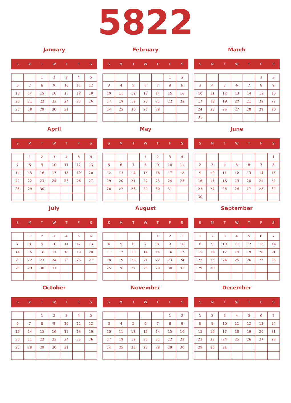 Printable 5822 Year Calendars red