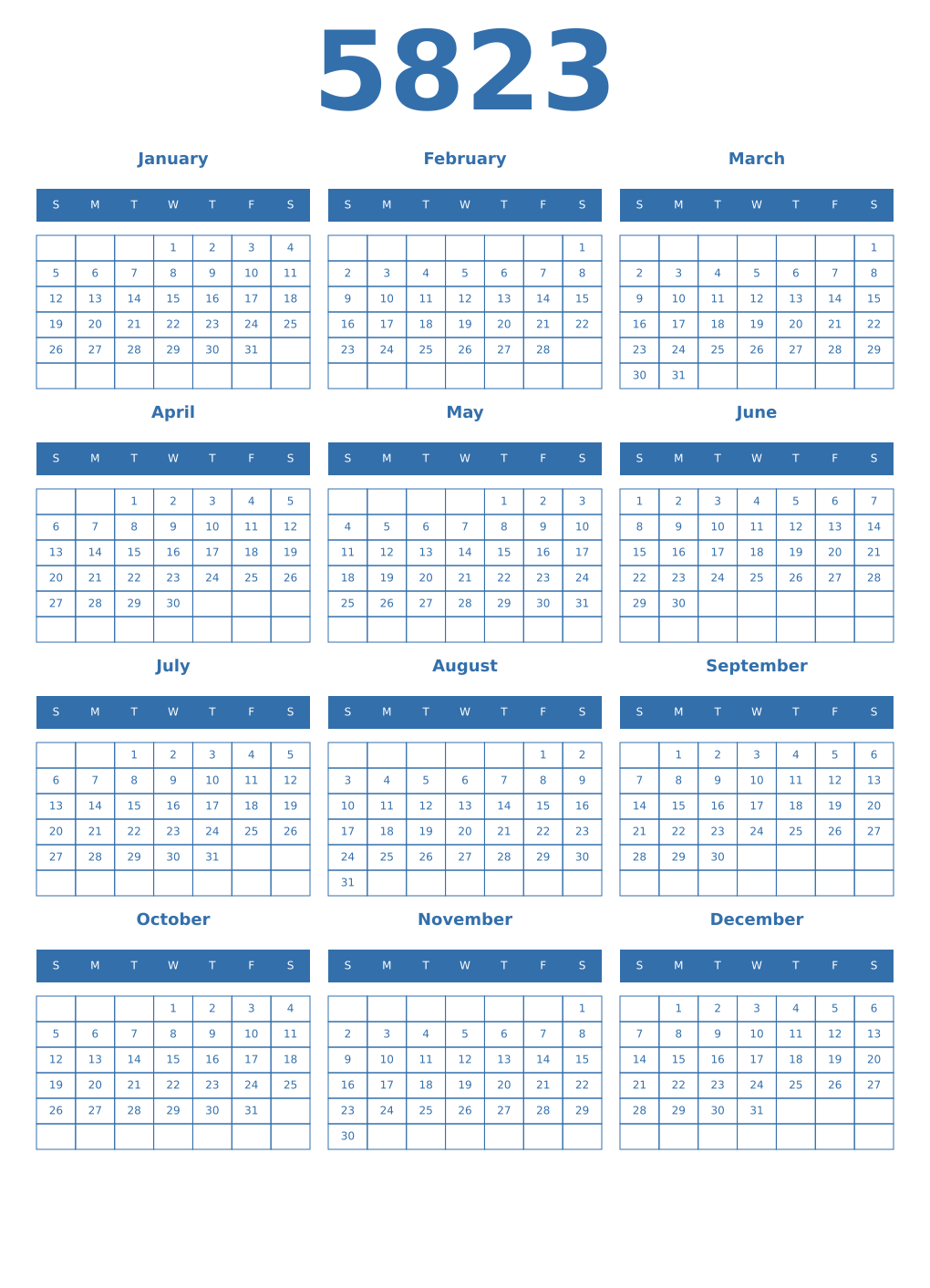 Printable 5823 Year Calendars blue