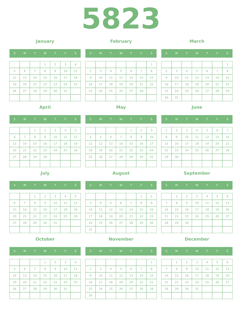 Printable 5823 Year Calendars celadon