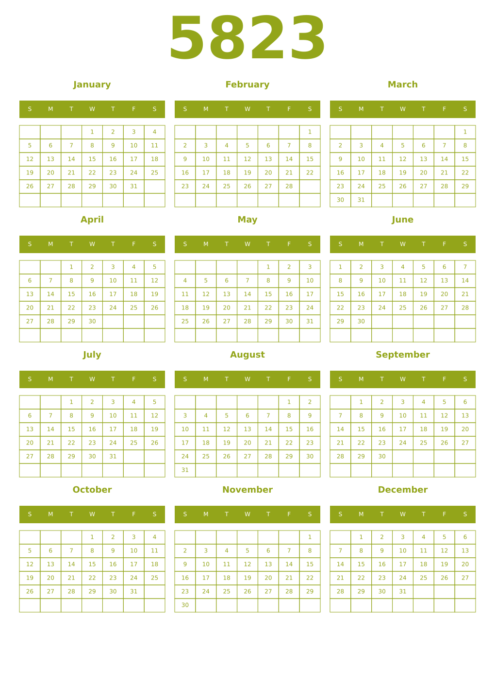 Printable 5823 Year Calendars chartreuse
