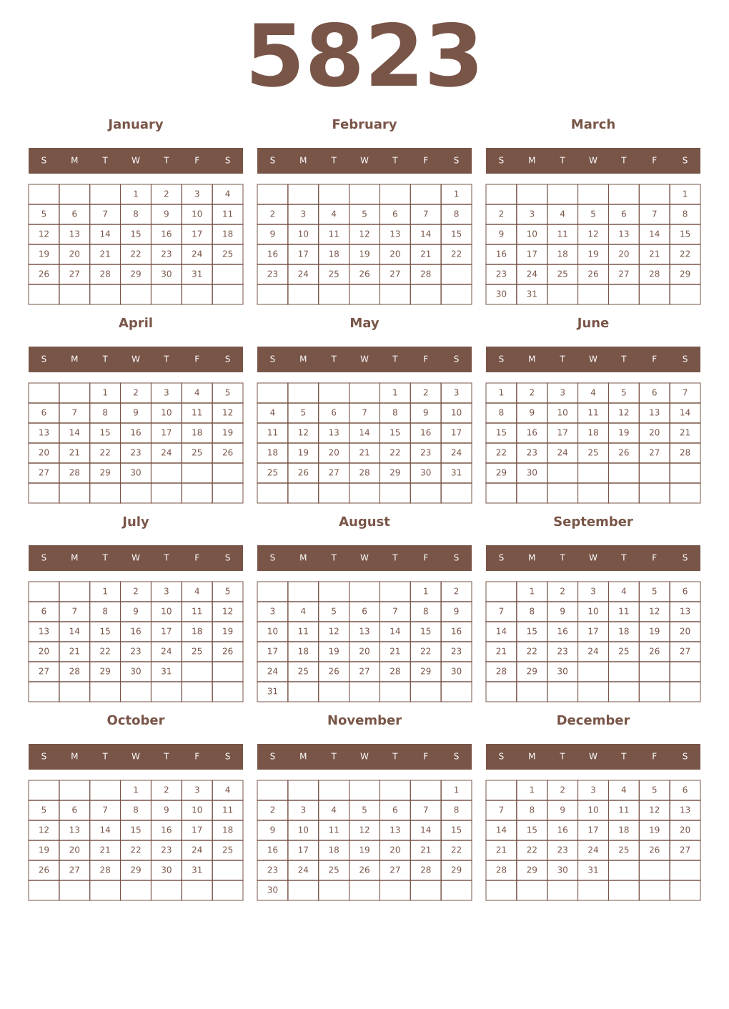 Printable 5823 Year Calendars coffe