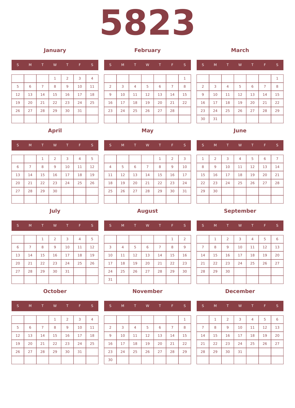 Printable 5823 Year Calendars cordovan