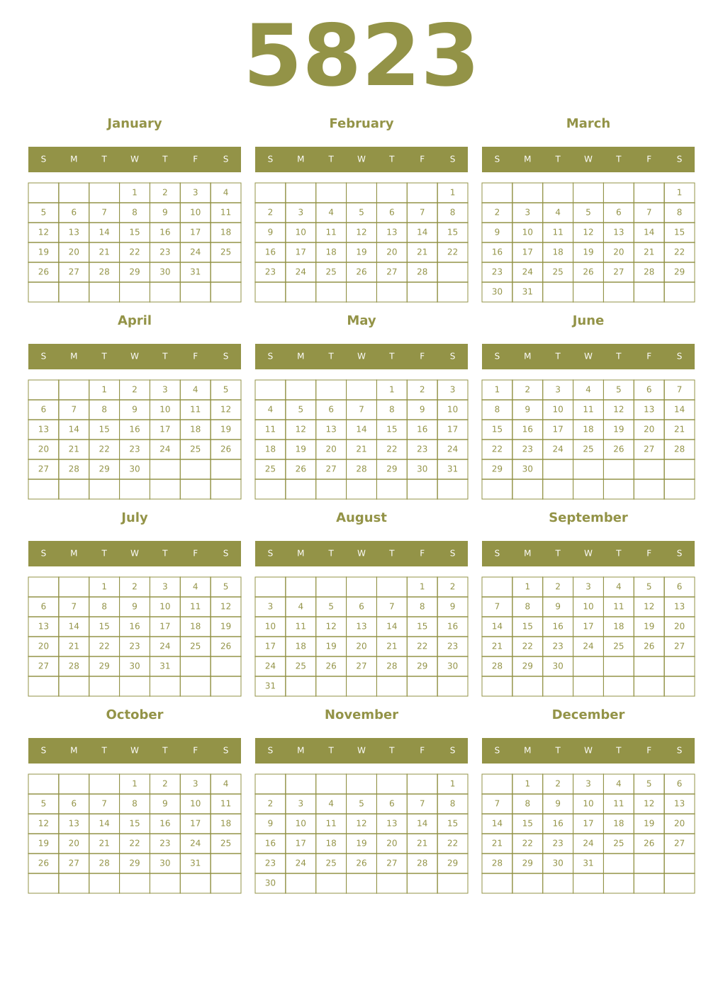 Printable 5823 Year Calendars eburnean