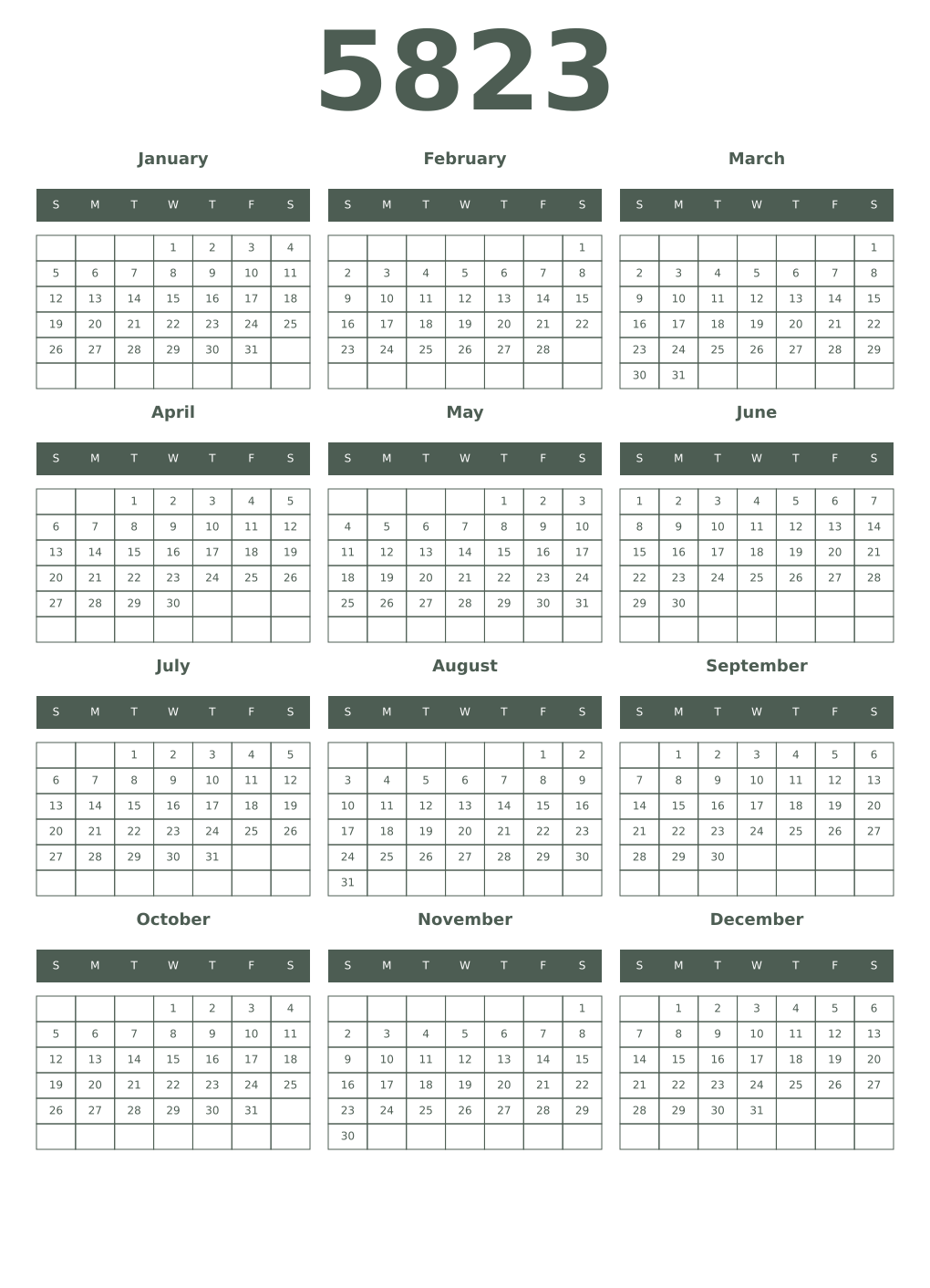 Printable 5823 Year Calendars feldgrau