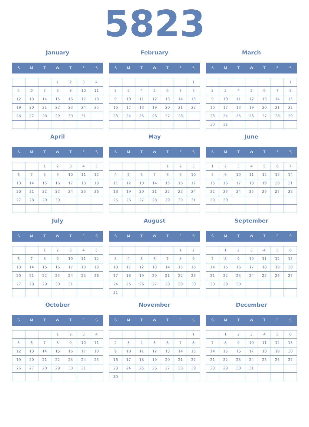 Printable 5823 Year Calendars glaucous