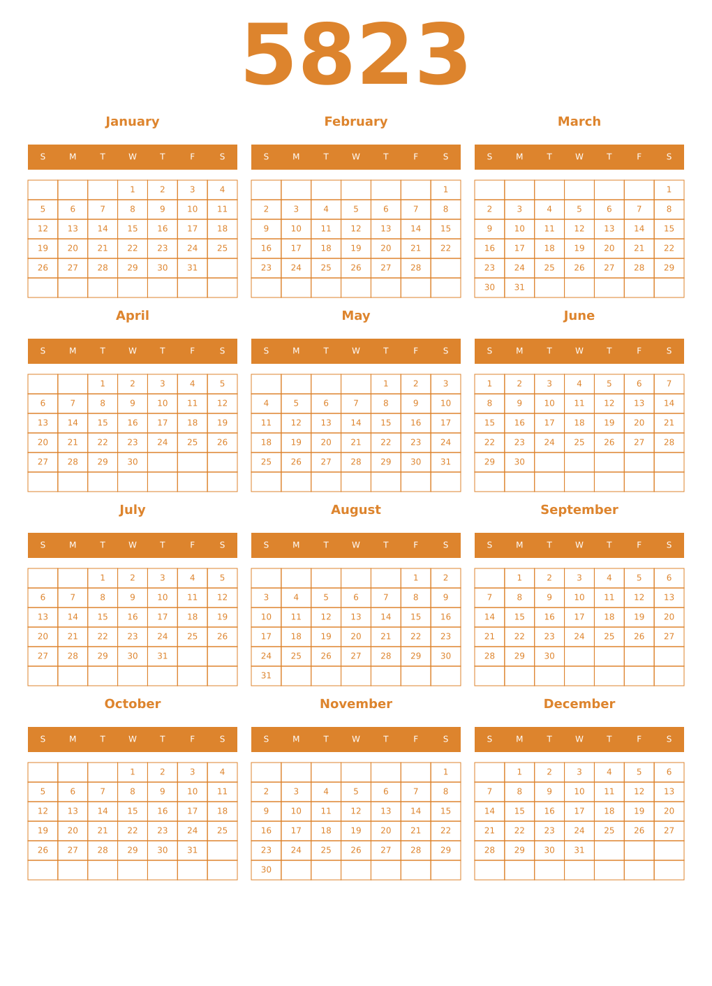 Printable 5823 Year Calendars orange