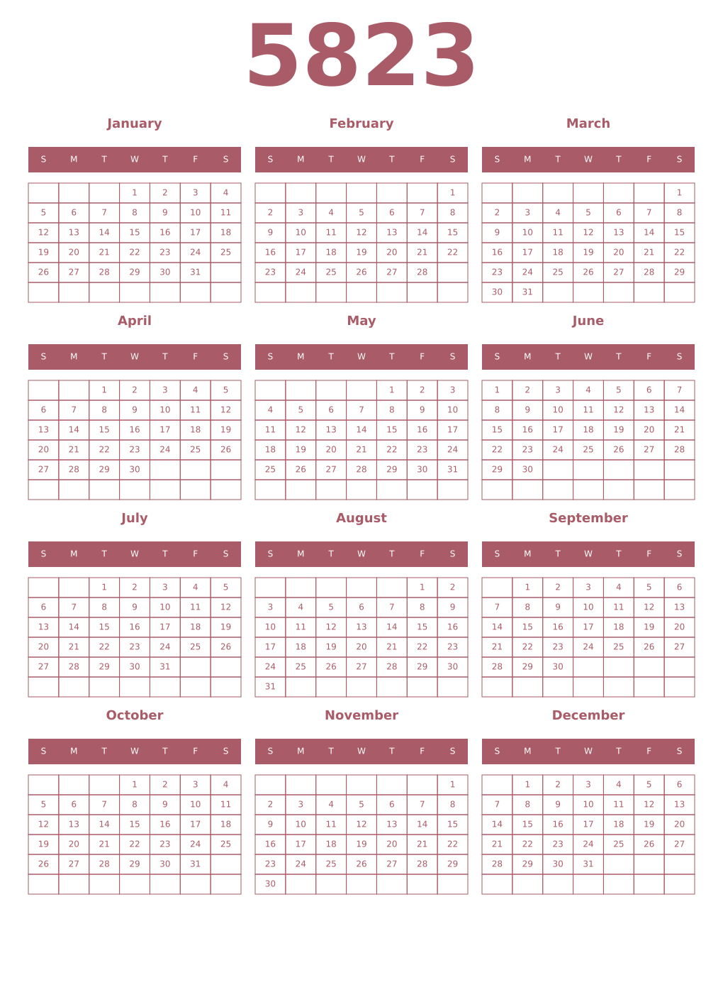 Printable 5823 Year Calendars puce