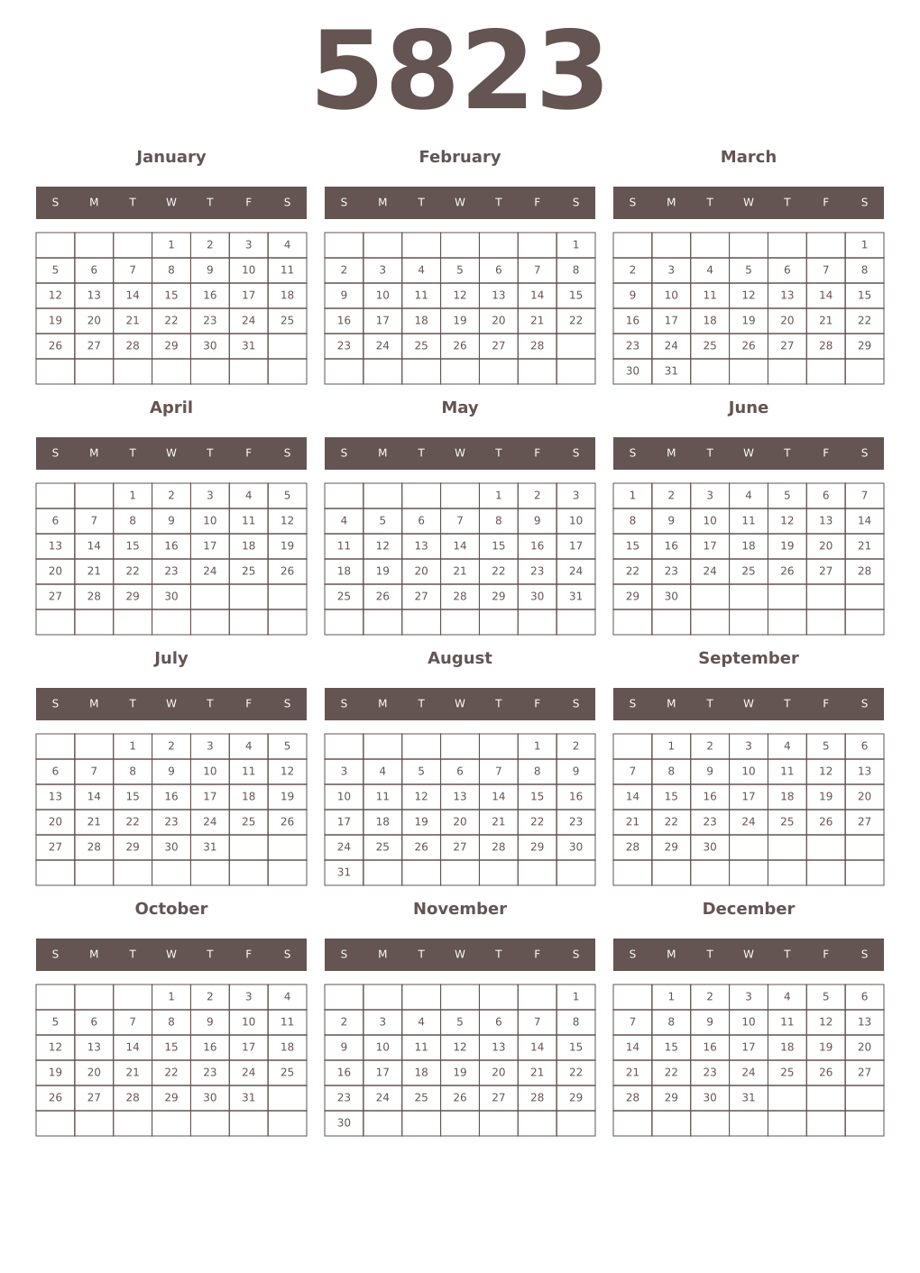 Printable 5823 Year Calendars wenge