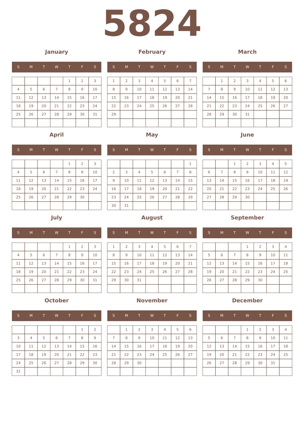 Printable 5824 Year Calendars coffe