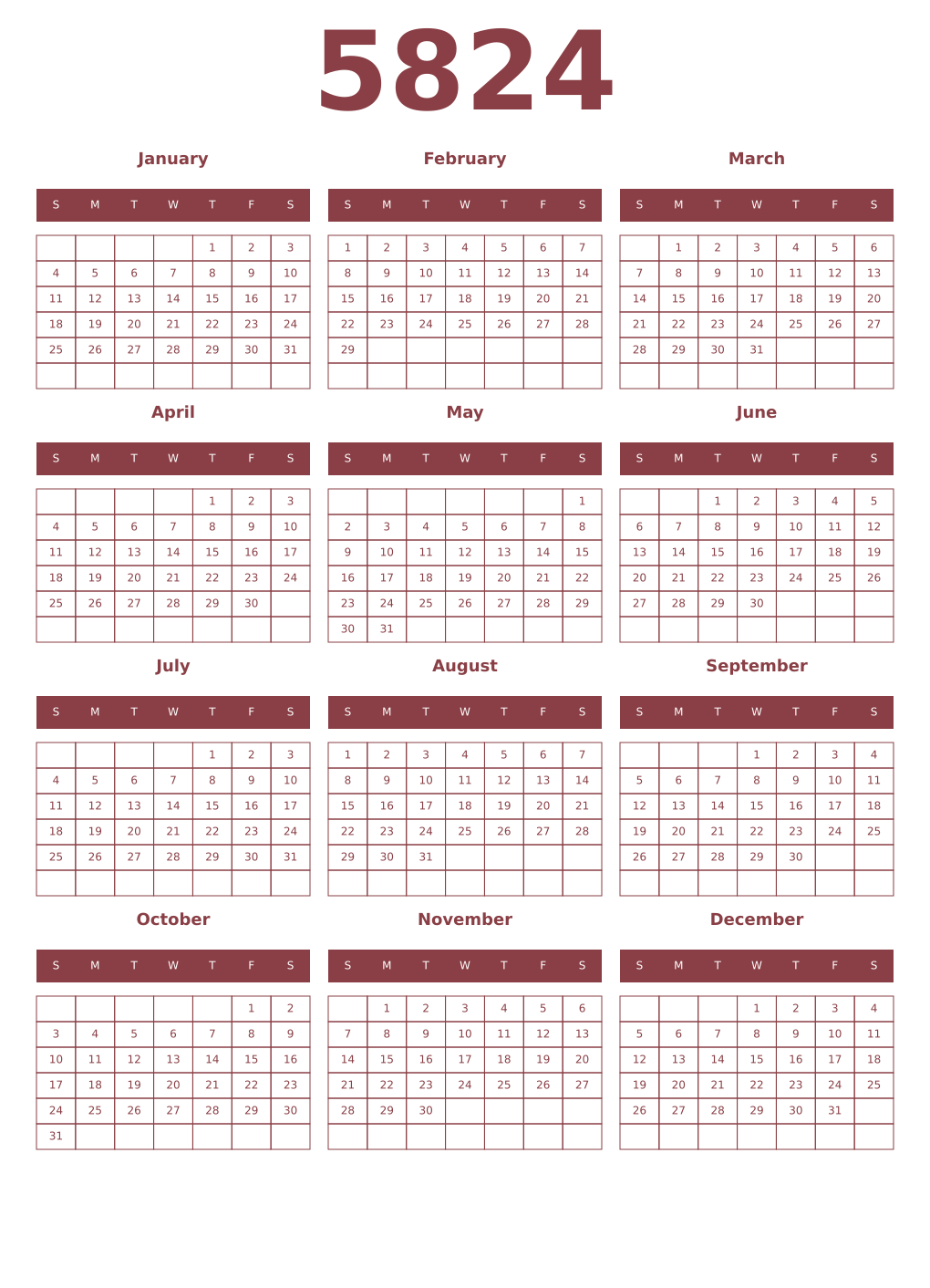 Printable 5824 Year Calendars cordovan