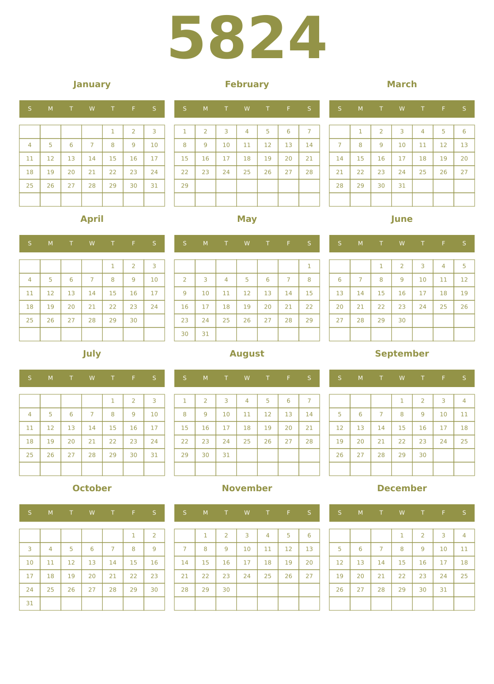 Printable 5824 Year Calendars eburnean