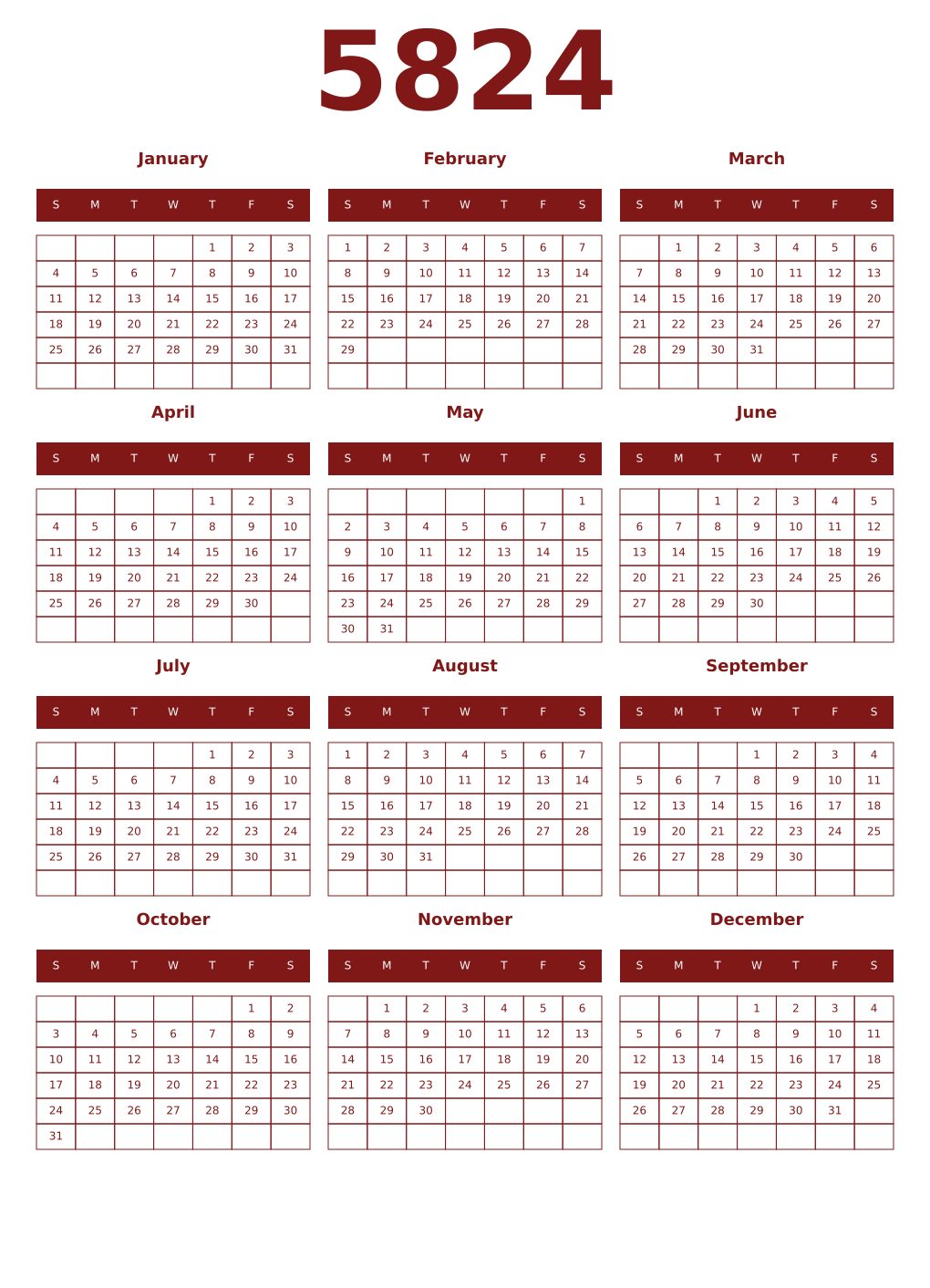 Printable 5824 Year Calendars falu