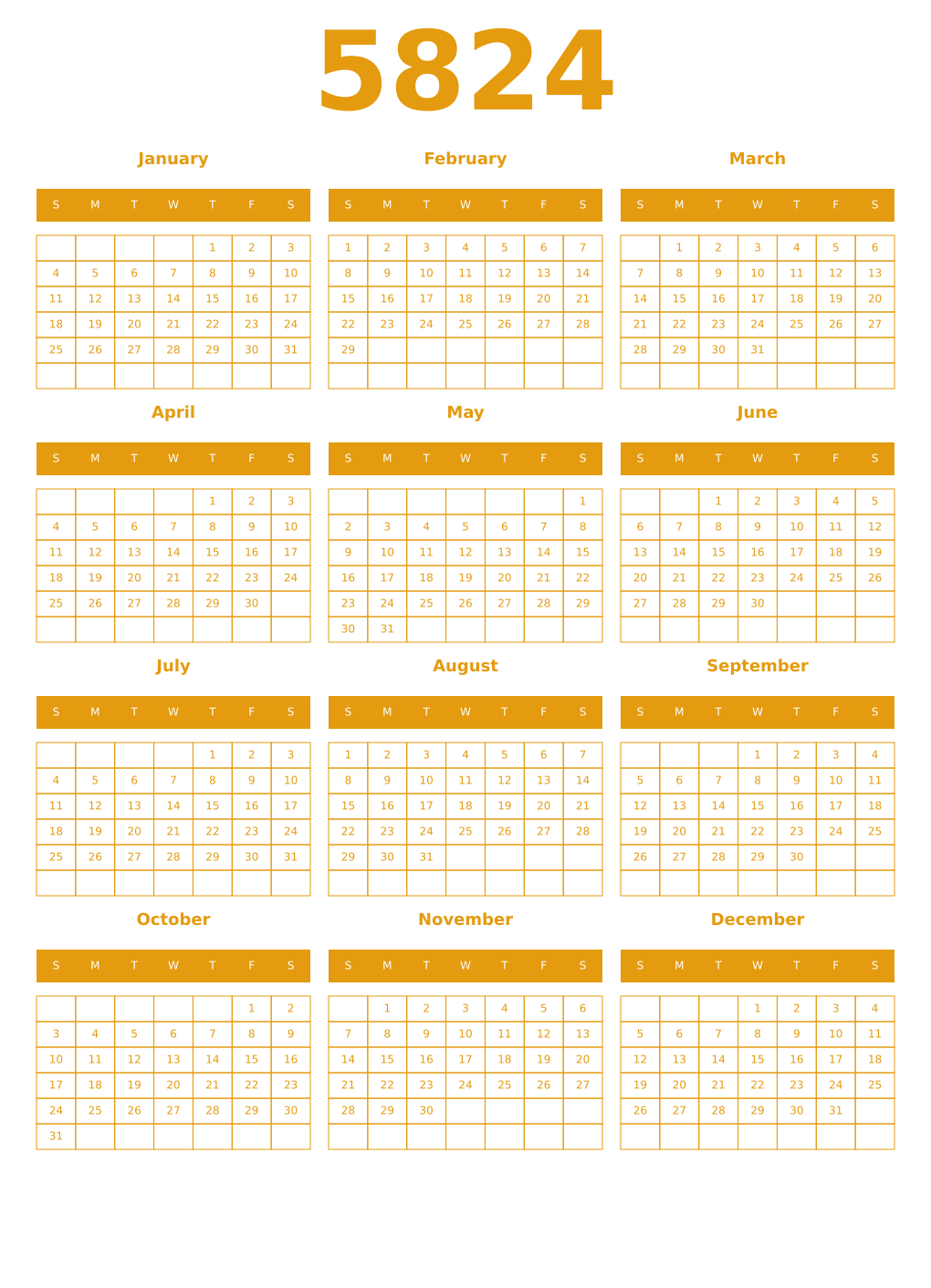 Printable 5824 Year Calendars gamboge