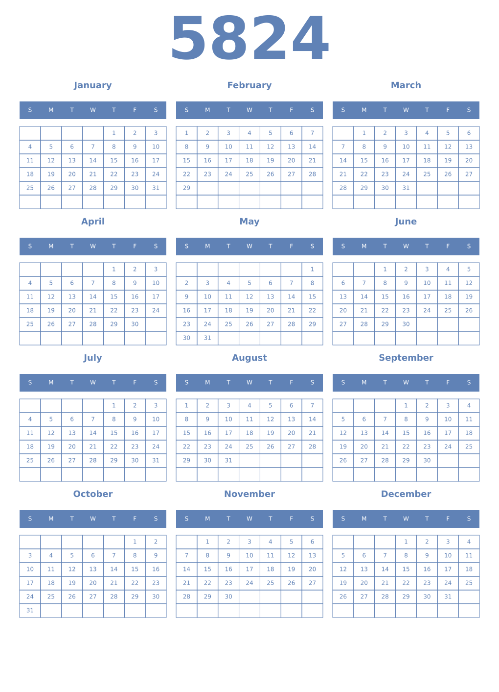 Printable 5824 Year Calendars glaucous