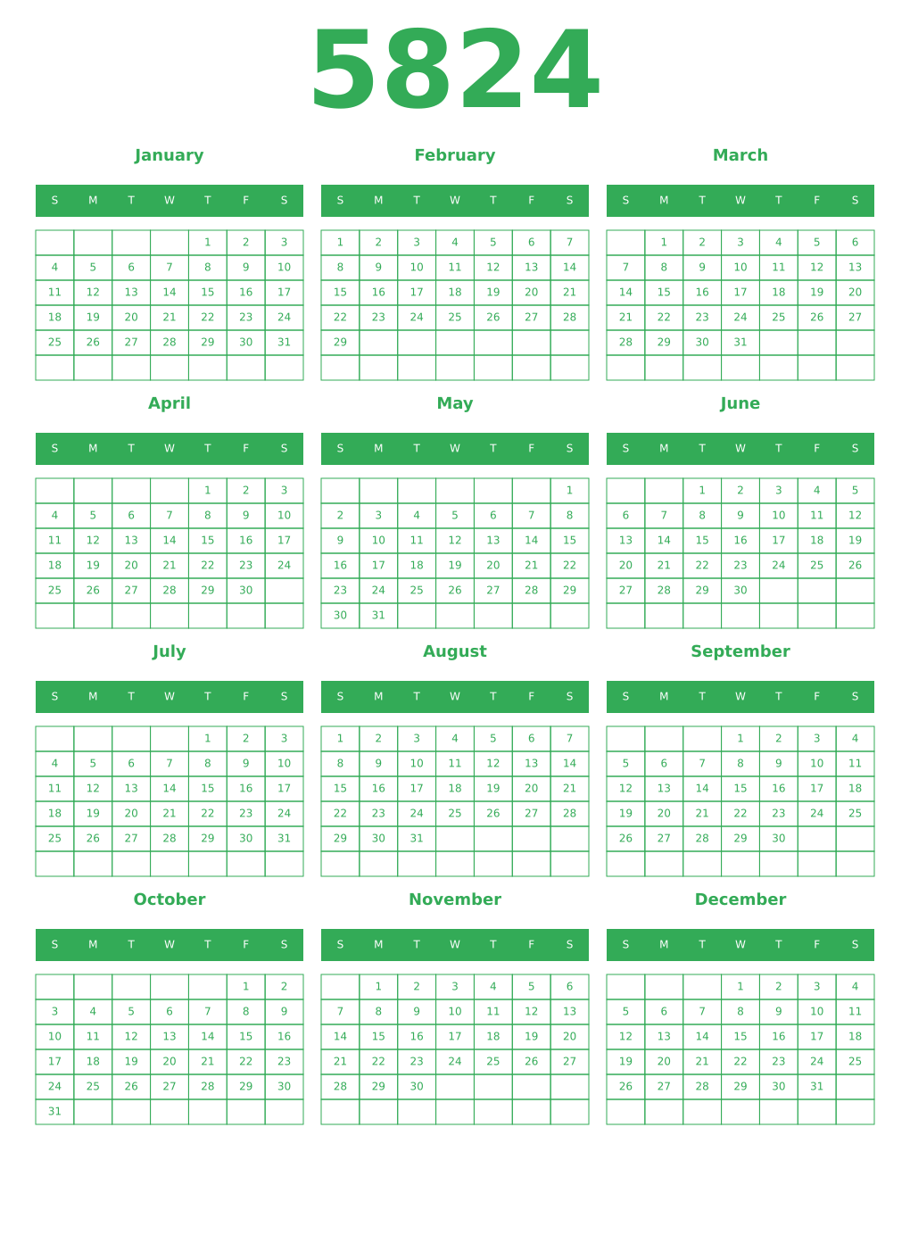 Printable 5824 Year Calendars green