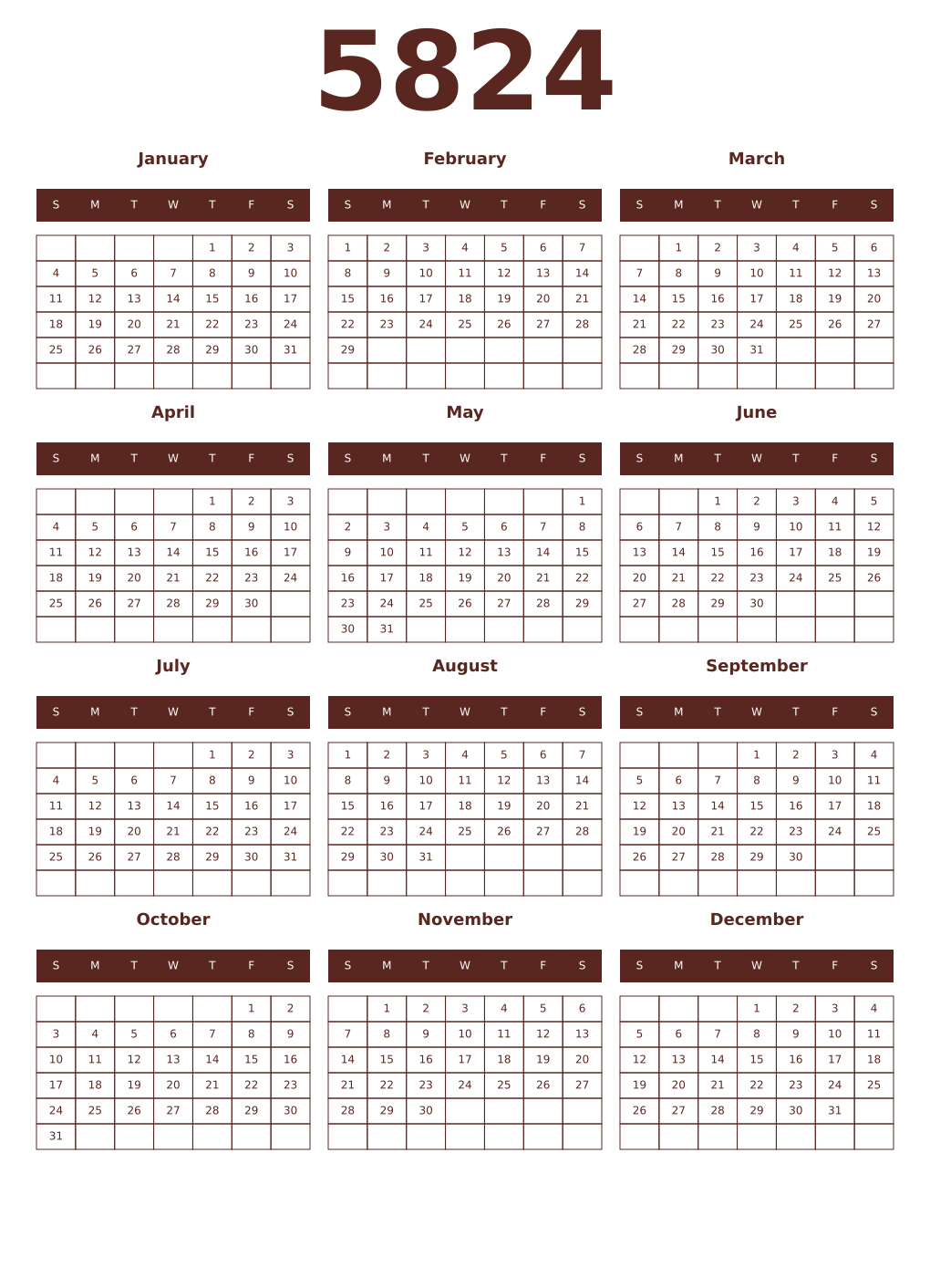 Printable 5824 Year Calendars mortuum