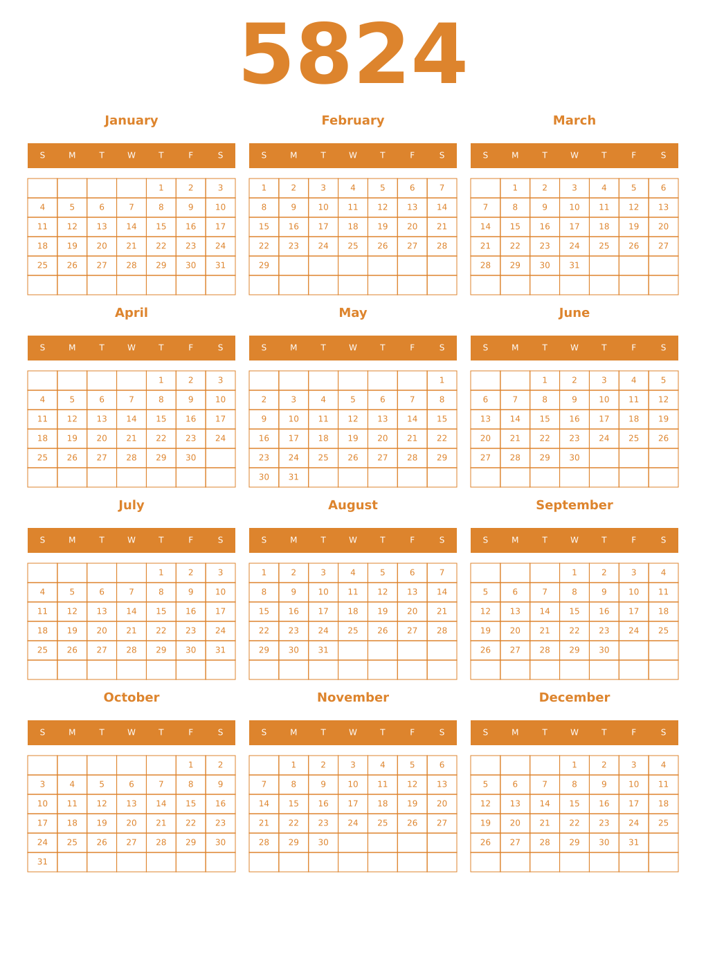 Printable 5824 Year Calendars orange