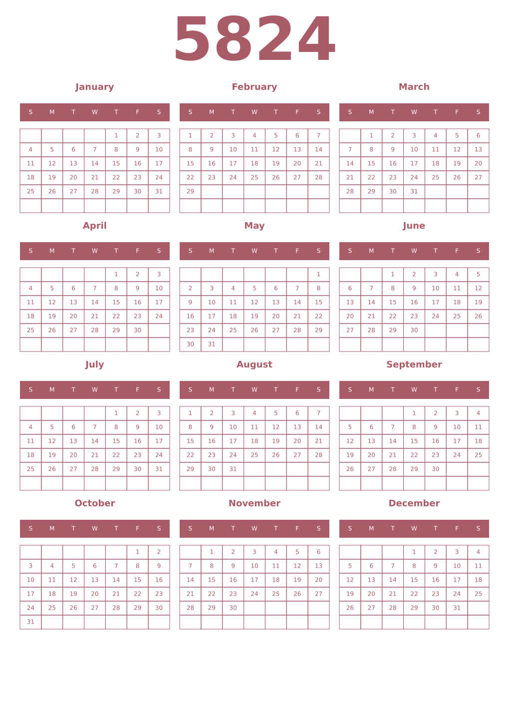 Printable 5824 Year Calendars puce