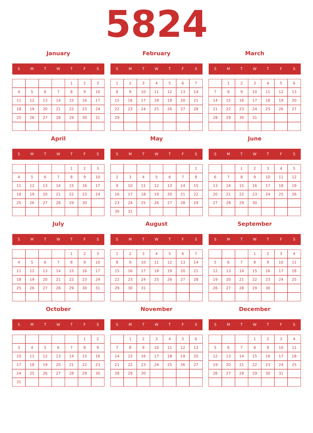 Printable 5824 Year Calendars red