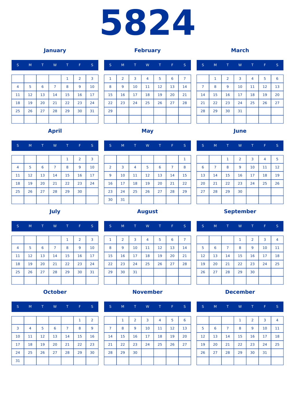 Printable 5824 Year Calendars smalt
