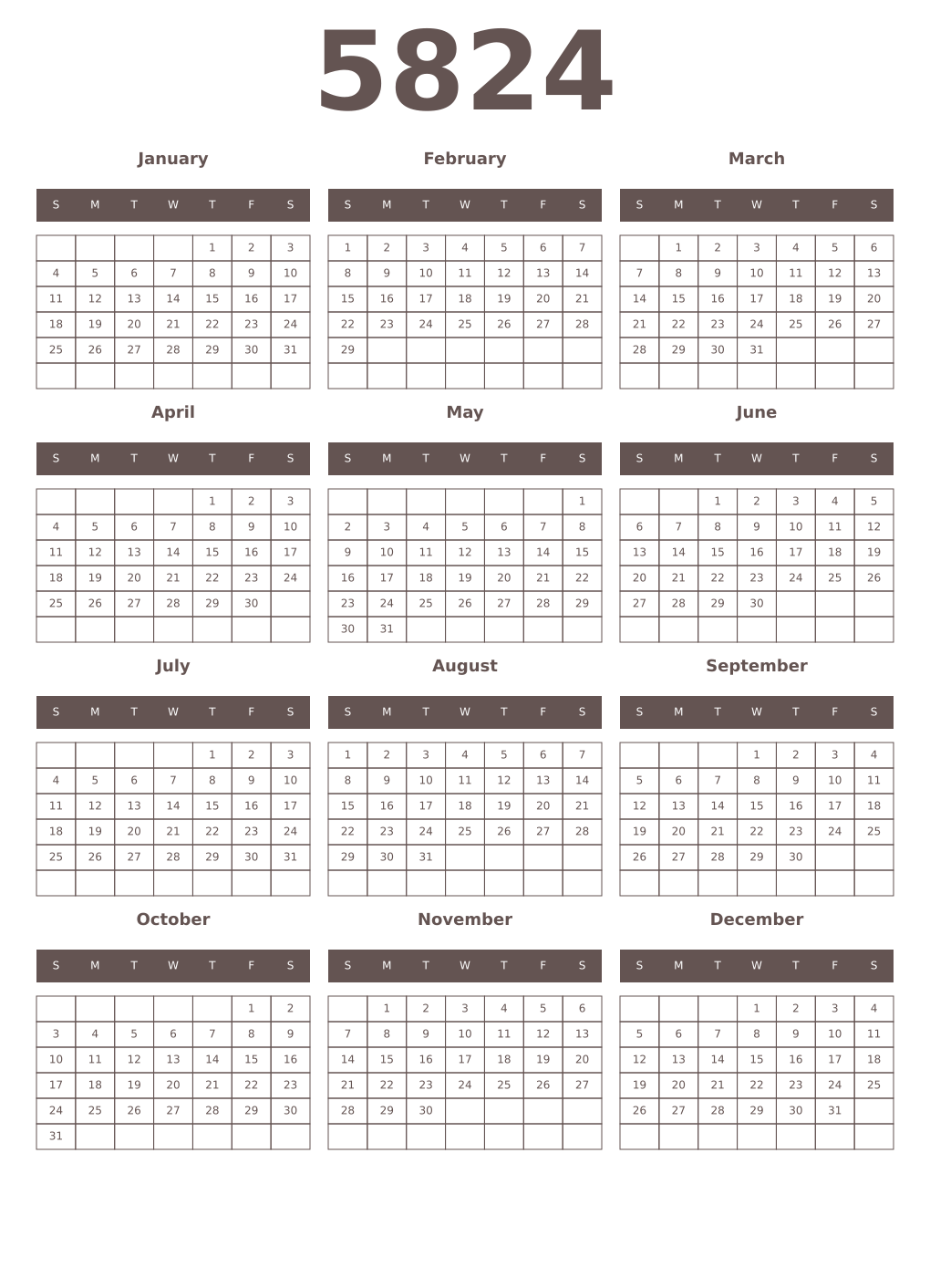 Printable 5824 Year Calendars wenge