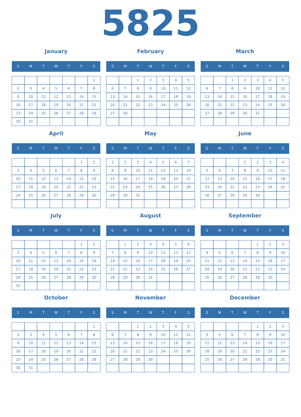 Printable 5825 Year Calendars blue