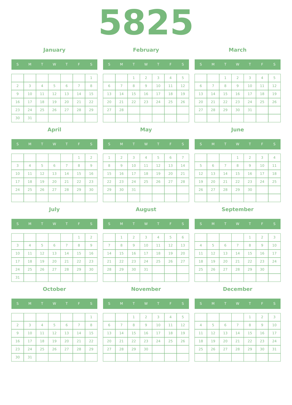 Printable 5825 Year Calendars celadon