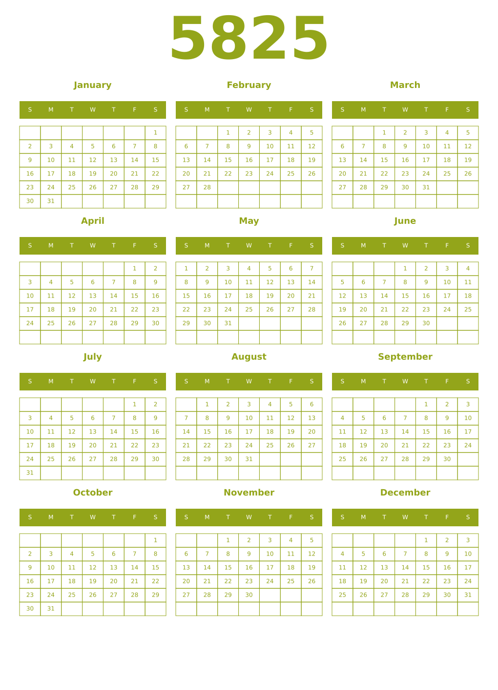 Printable 5825 Year Calendars chartreuse