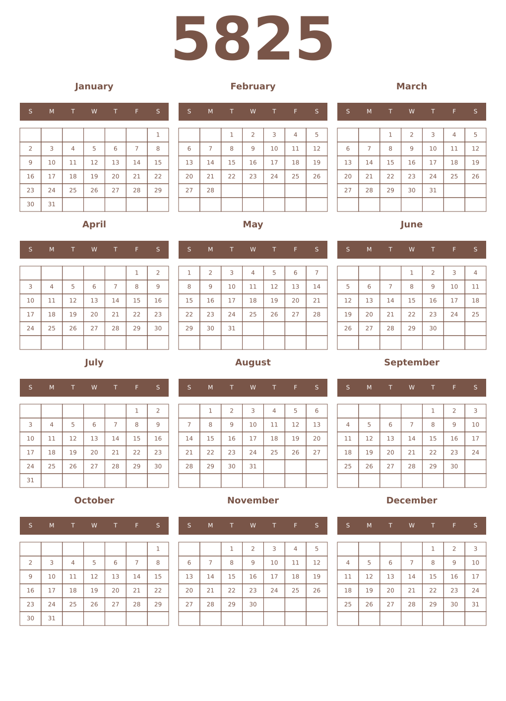 Printable 5825 Year Calendars coffe