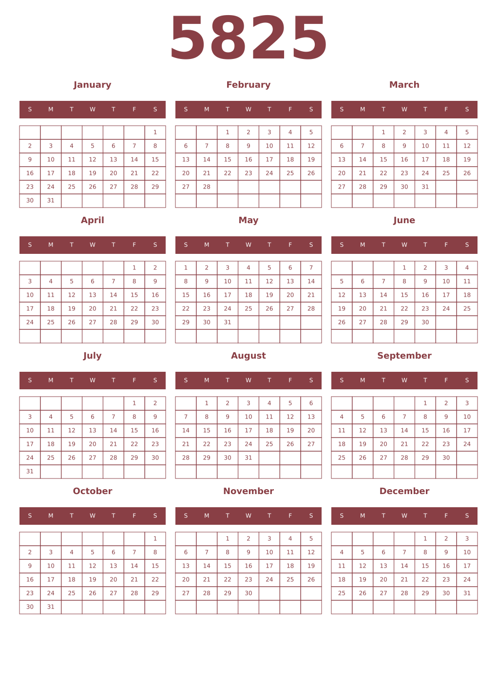 Printable 5825 Year Calendars cordovan