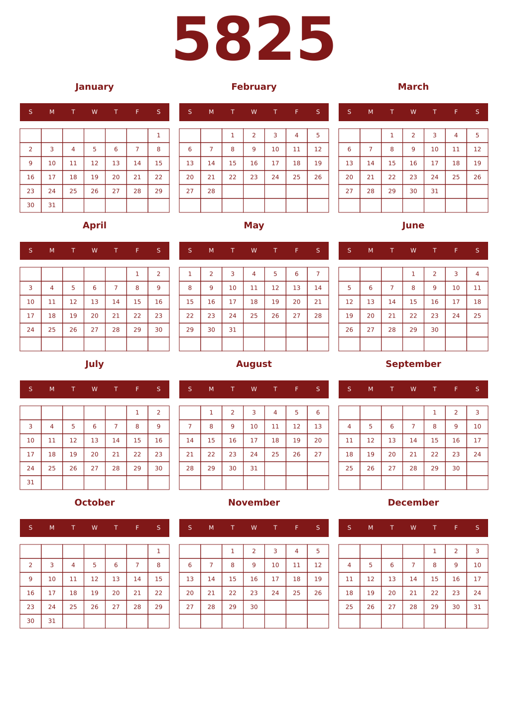 Printable 5825 Year Calendars falu