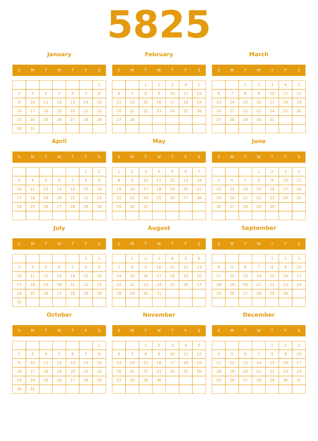 Printable 5825 Year Calendars gamboge