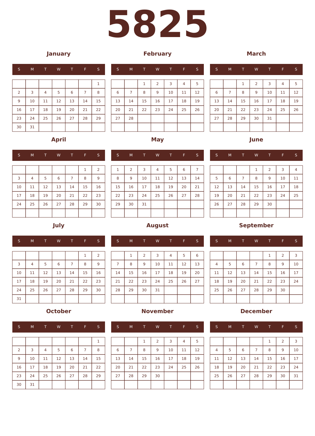 Printable 5825 Year Calendars mortuum