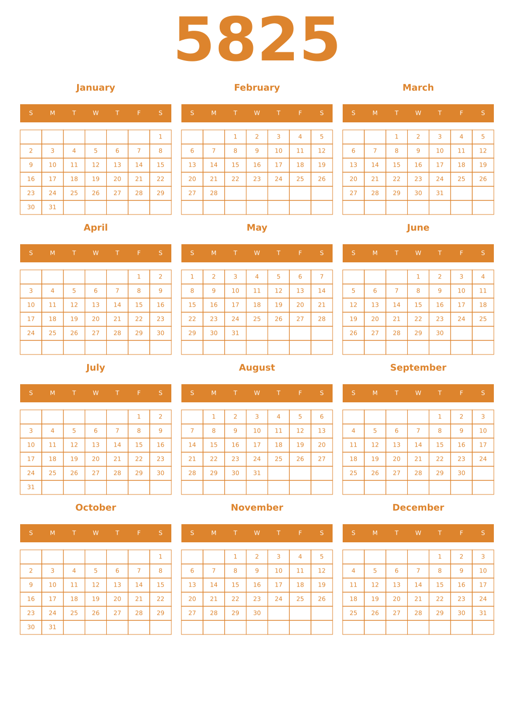 Printable 5825 Year Calendars orange