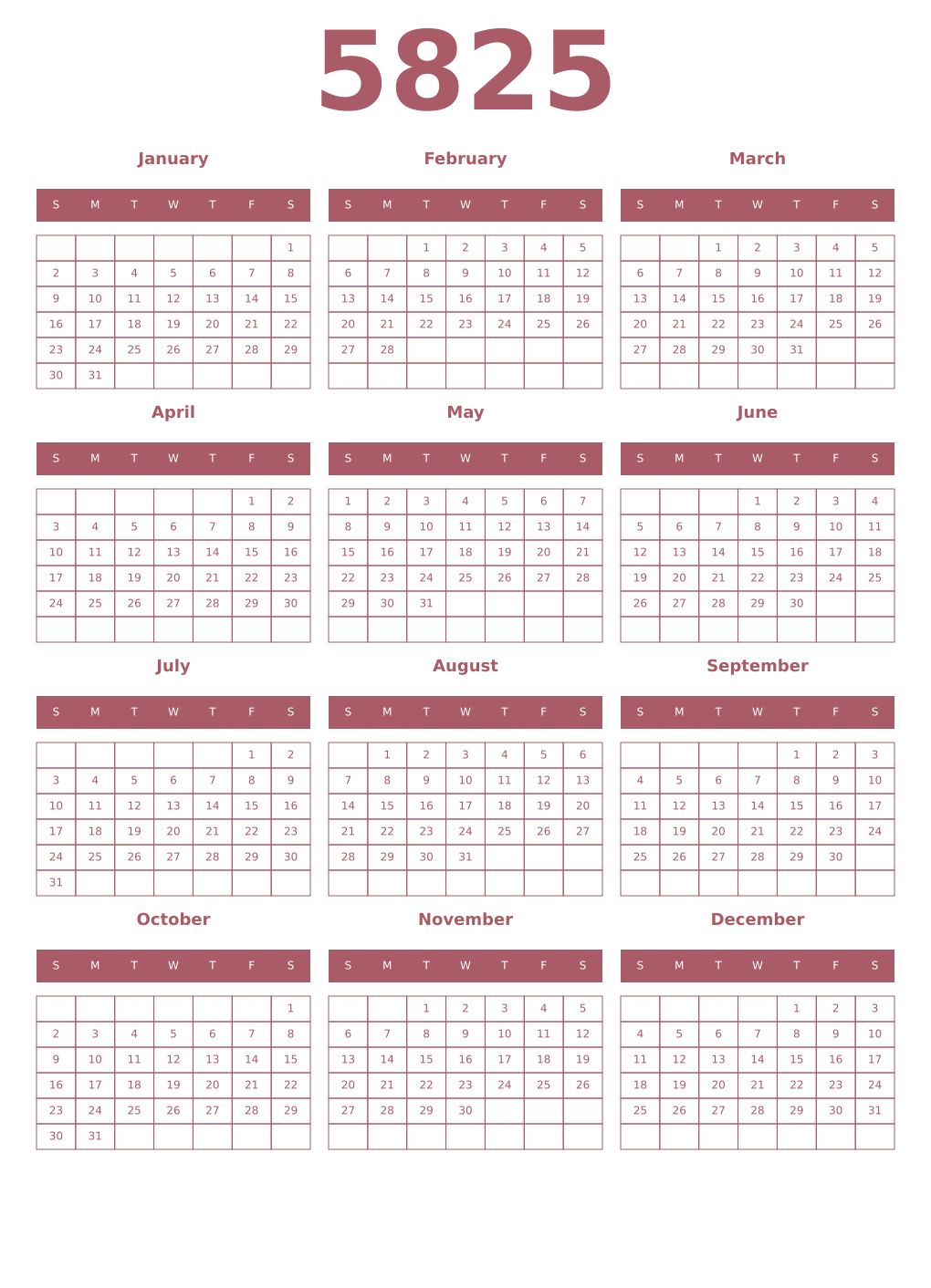 Printable 5825 Year Calendars puce