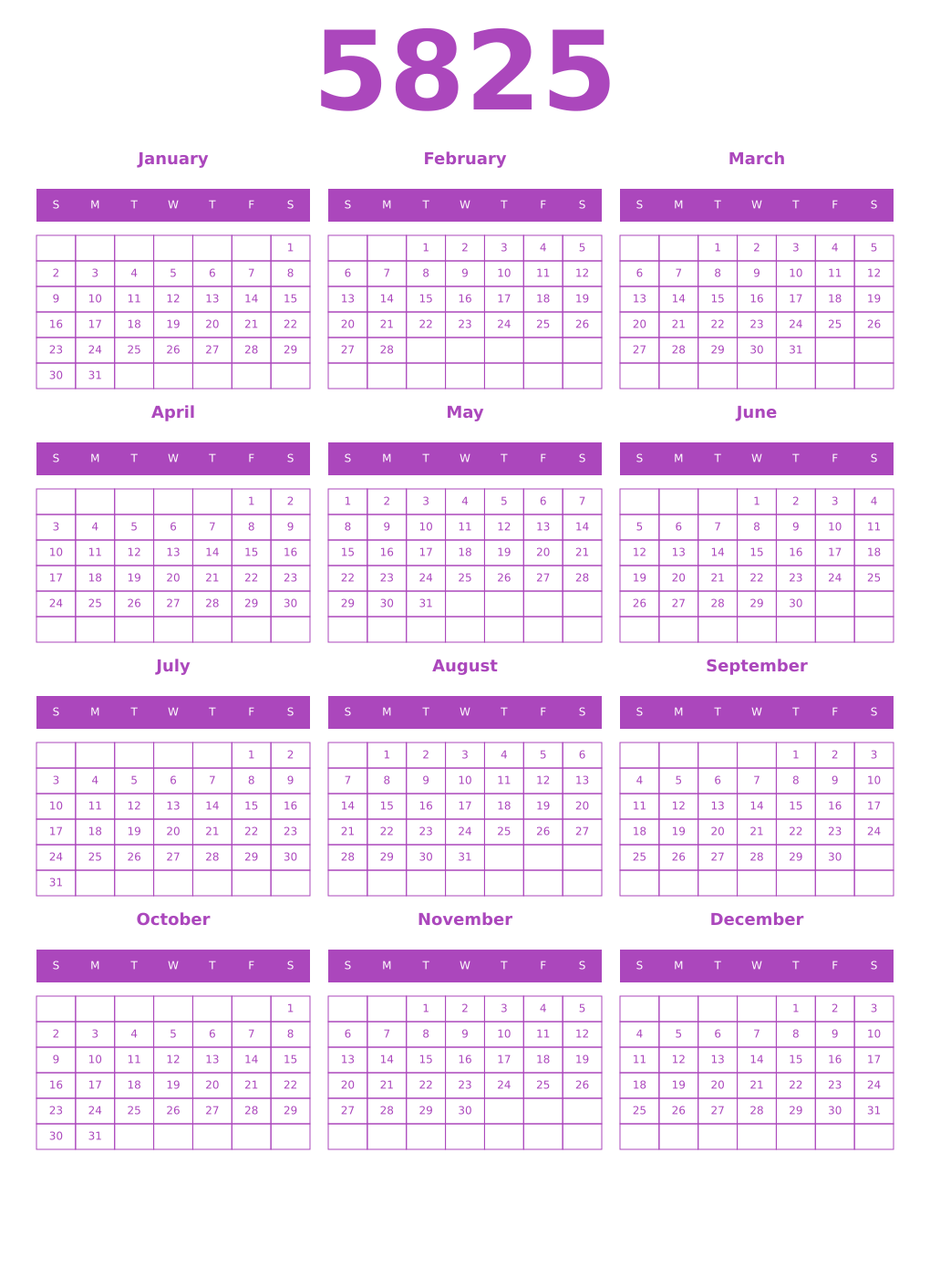Printable 5825 Year Calendars purple