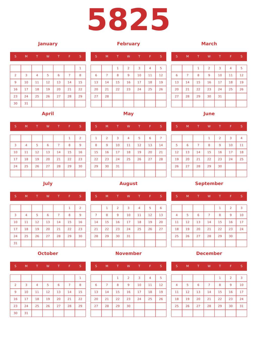 Printable 5825 Year Calendars red