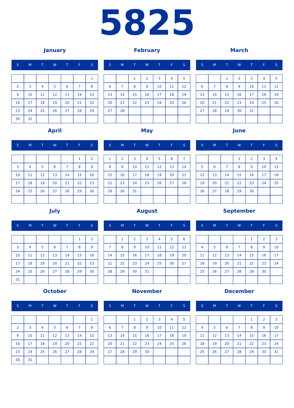 Printable 5825 Year Calendars smalt