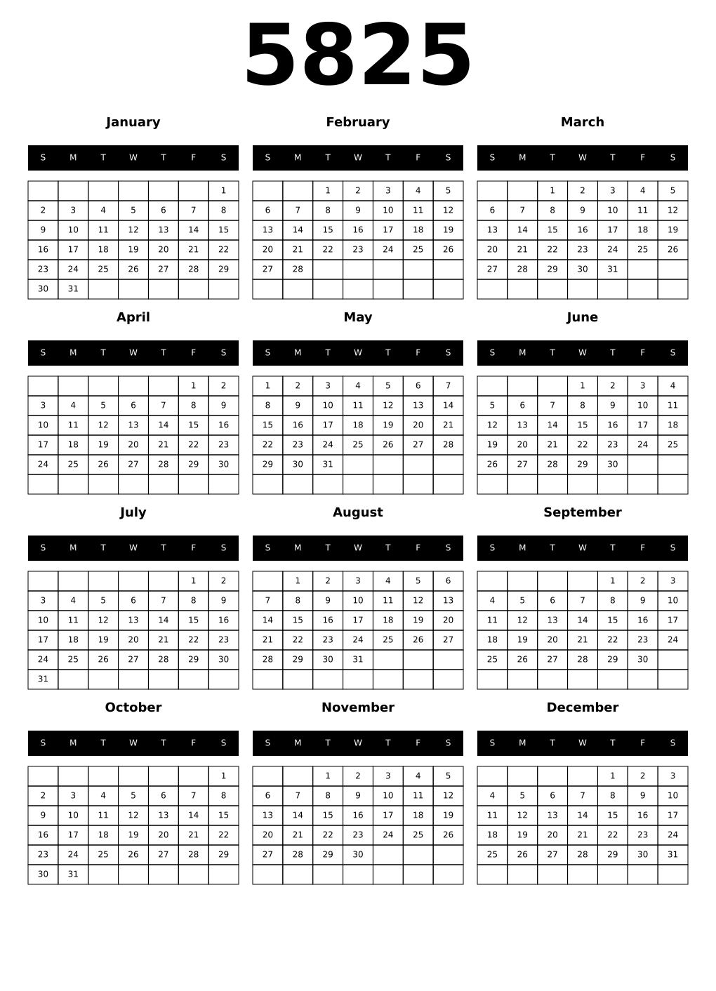 Printable 5825 Calendars