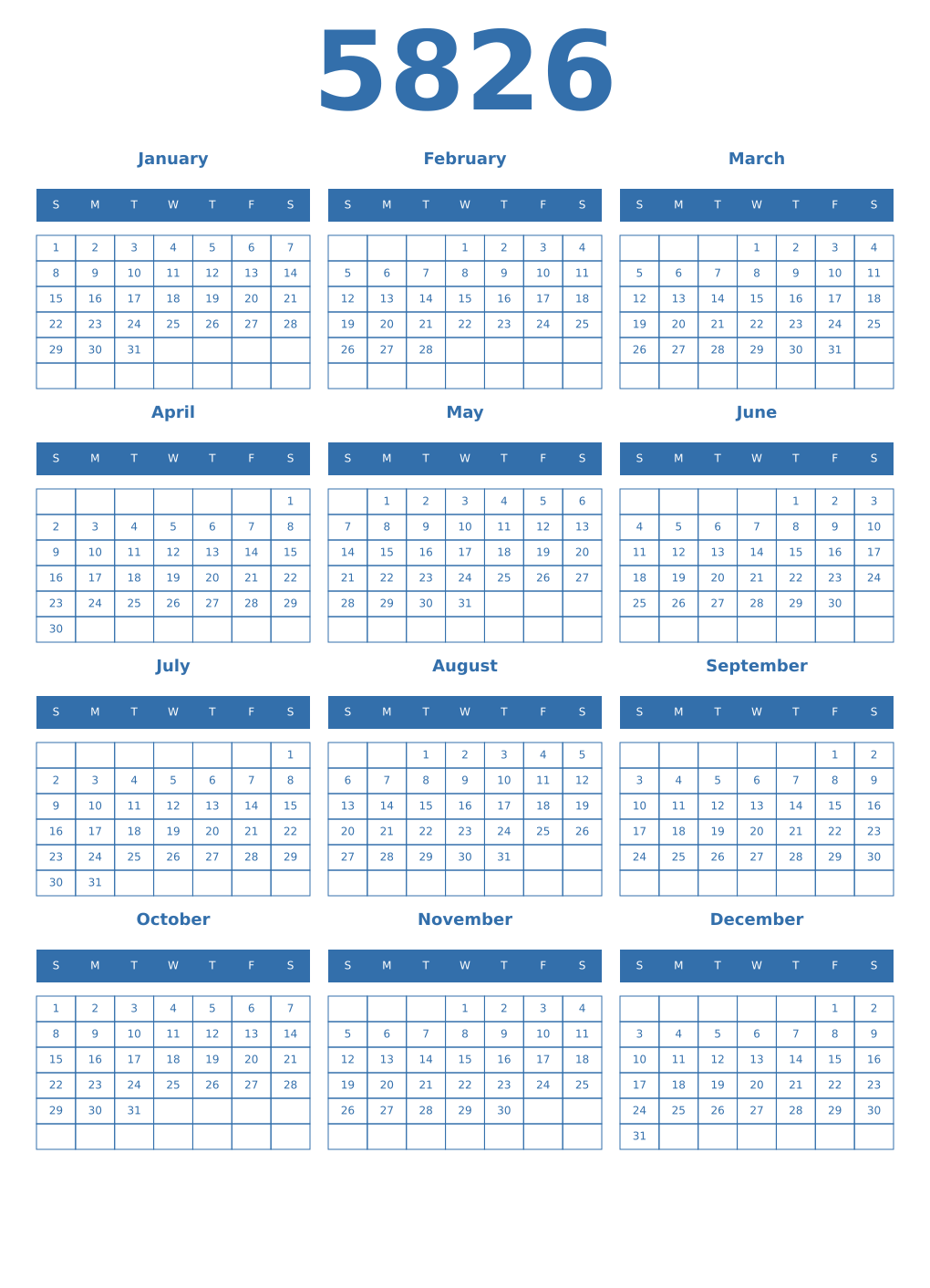 Printable 5826 Year Calendars blue