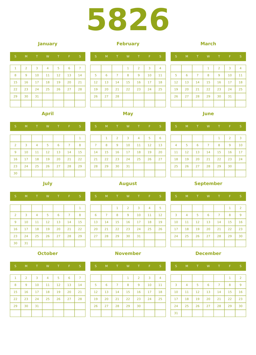 Printable 5826 Year Calendars chartreuse