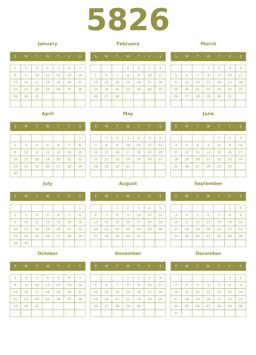 Printable 5826 Year Calendars eburnean