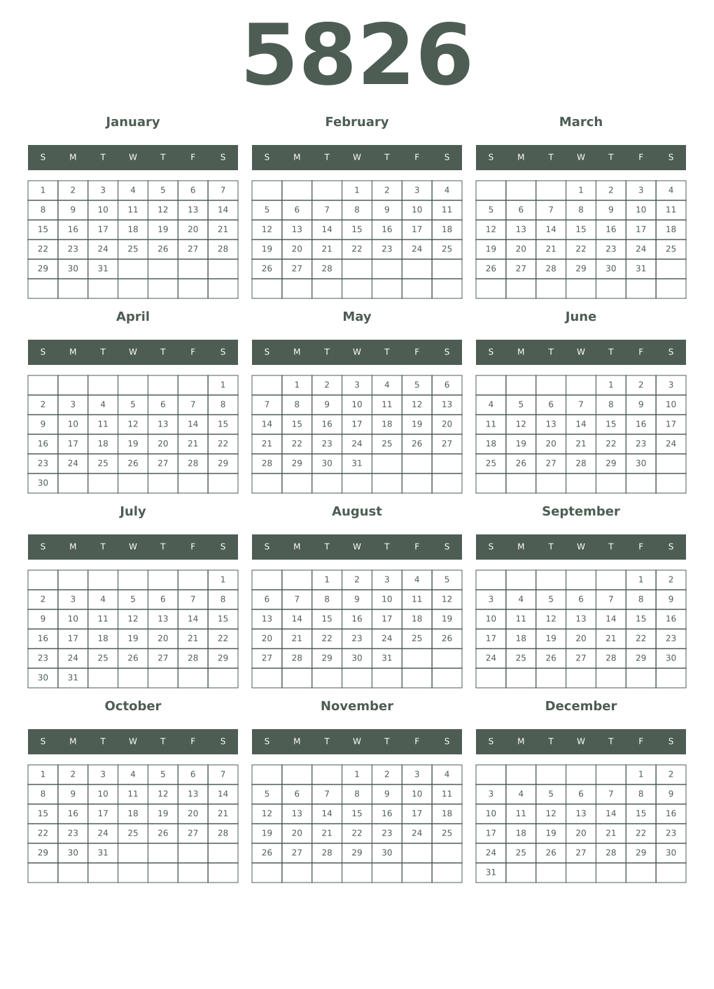 Printable 5826 Year Calendars feldgrau
