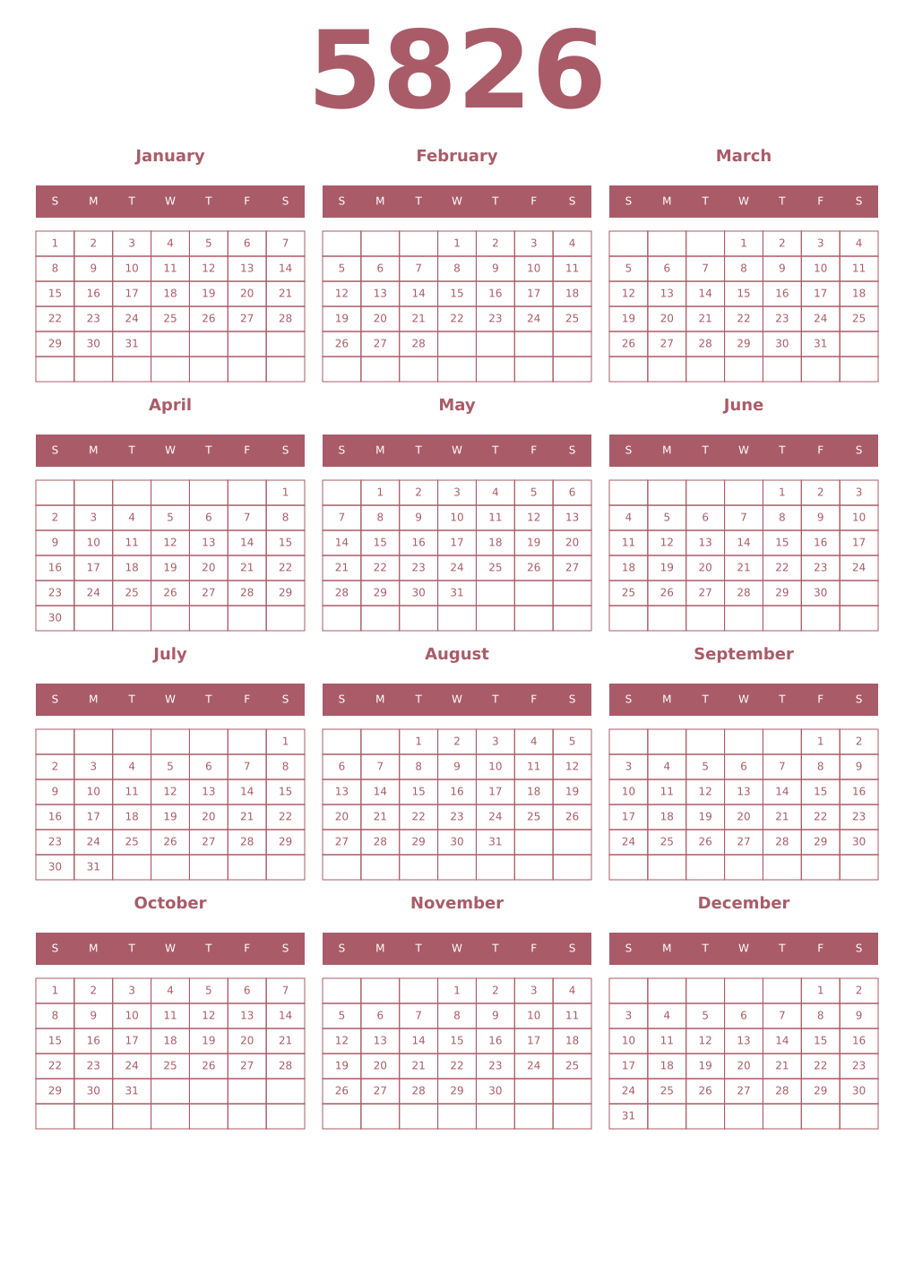 Printable 5826 Year Calendars puce
