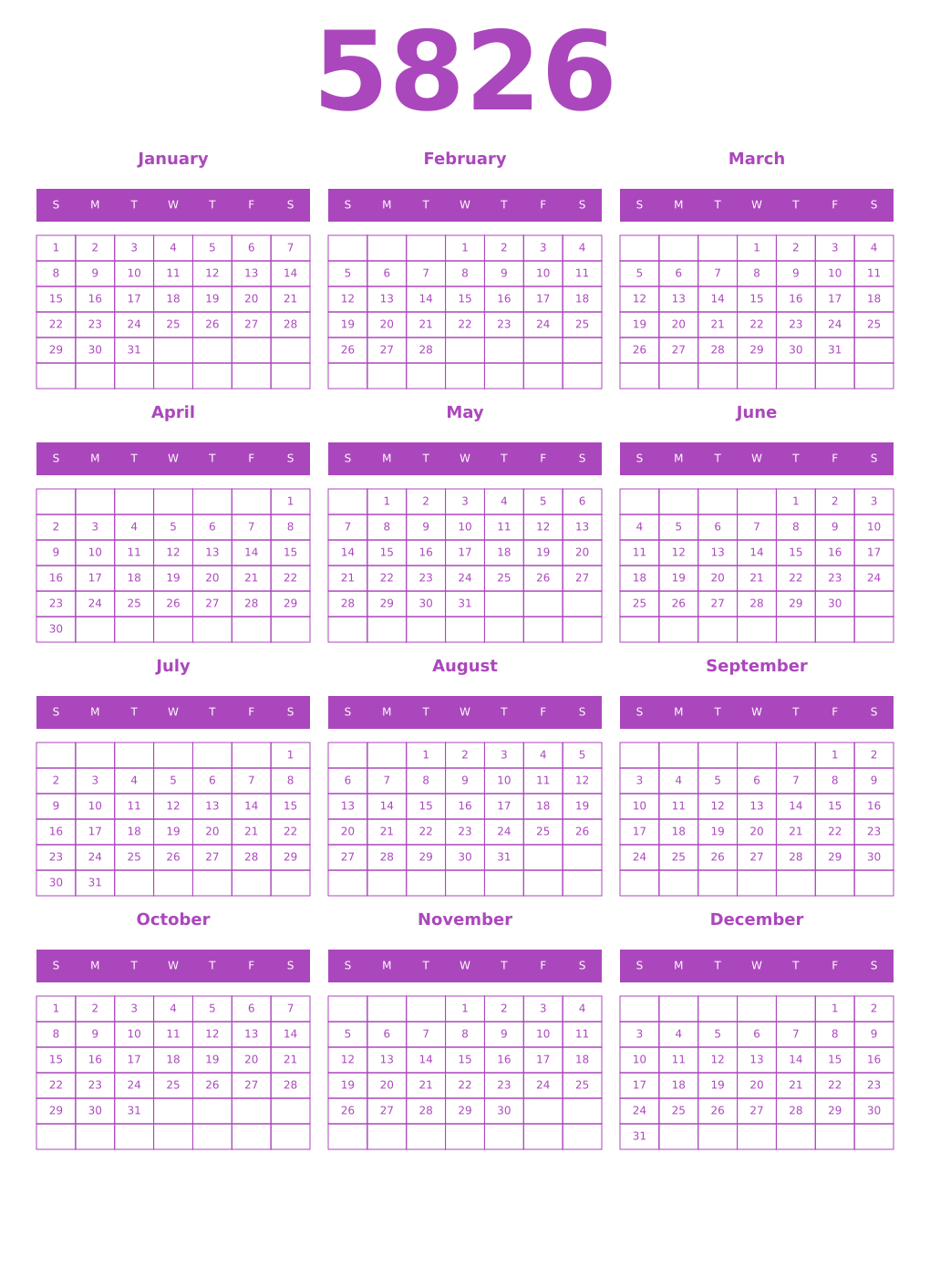 Printable 5826 Year Calendars purple