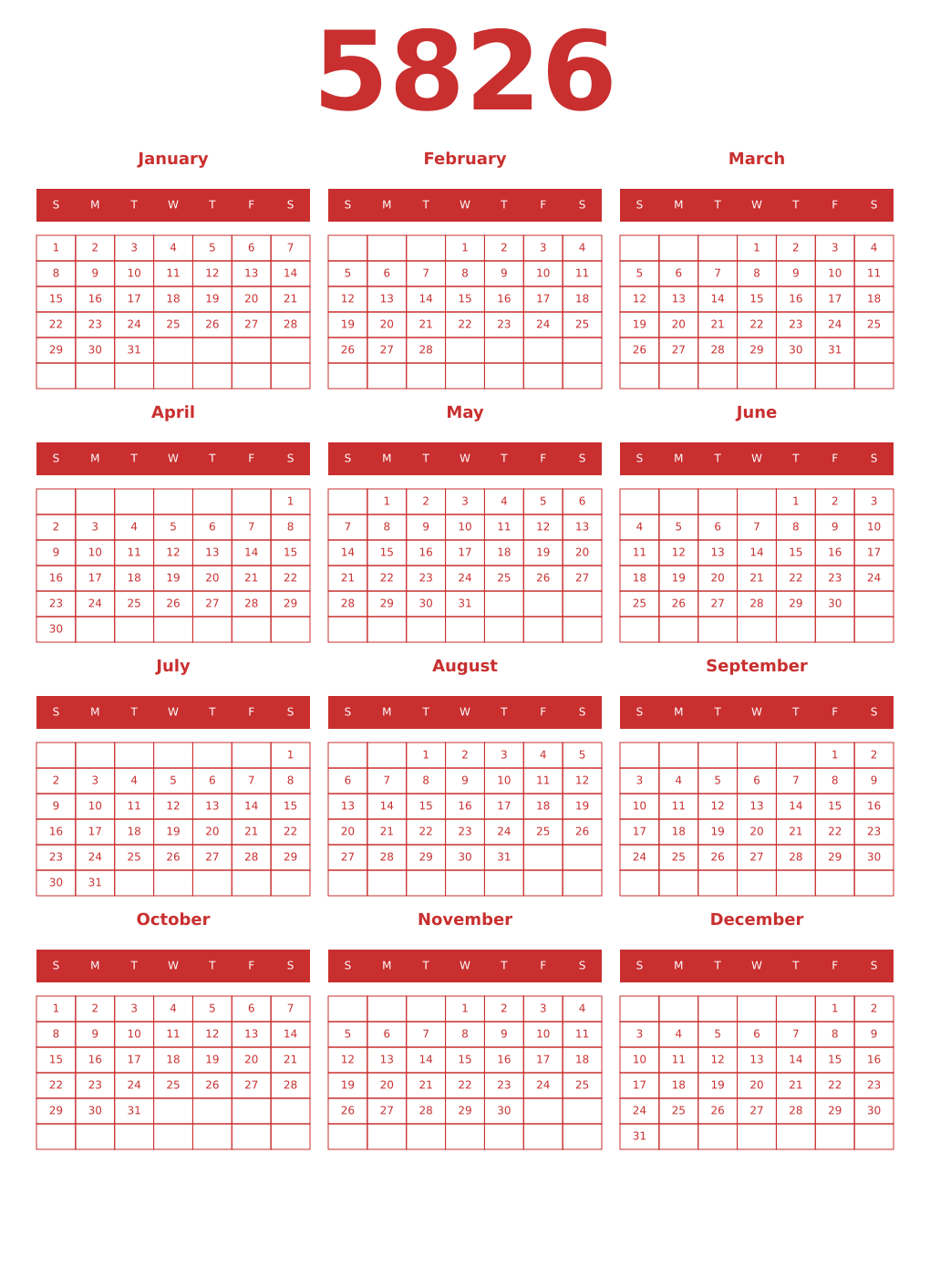 Printable 5826 Year Calendars red