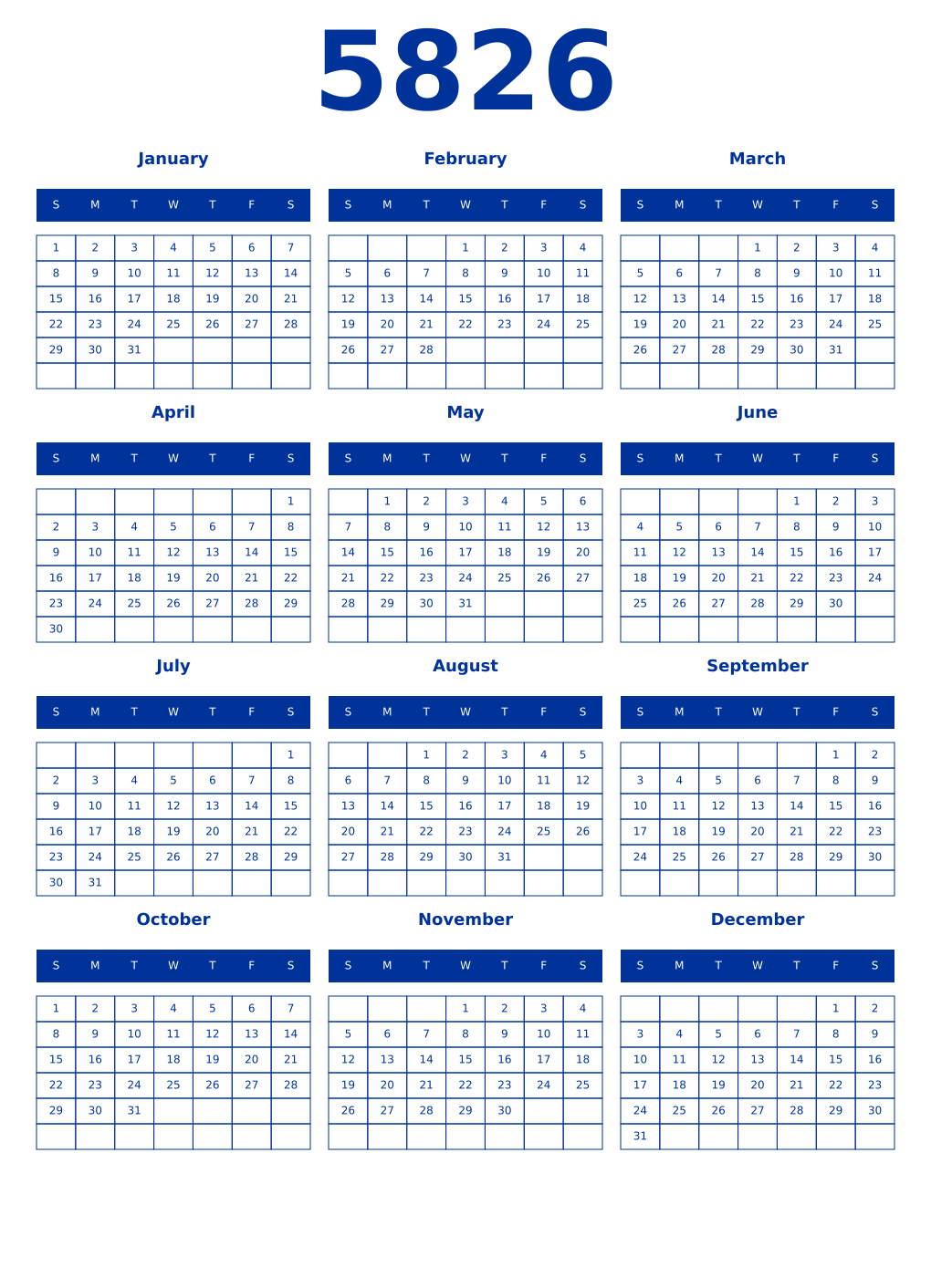Printable 5826 Year Calendars smalt