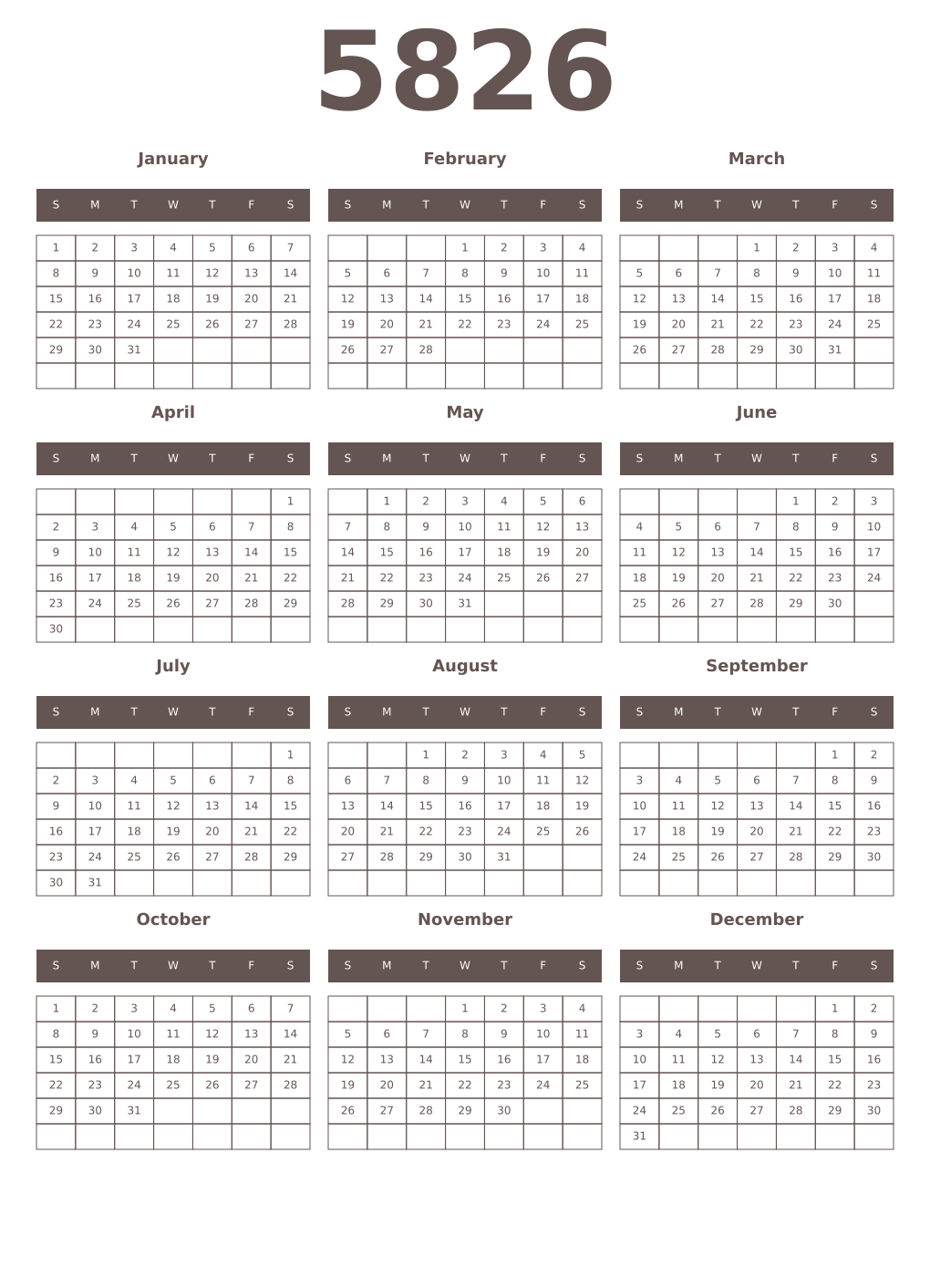 Printable 5826 Year Calendars wenge