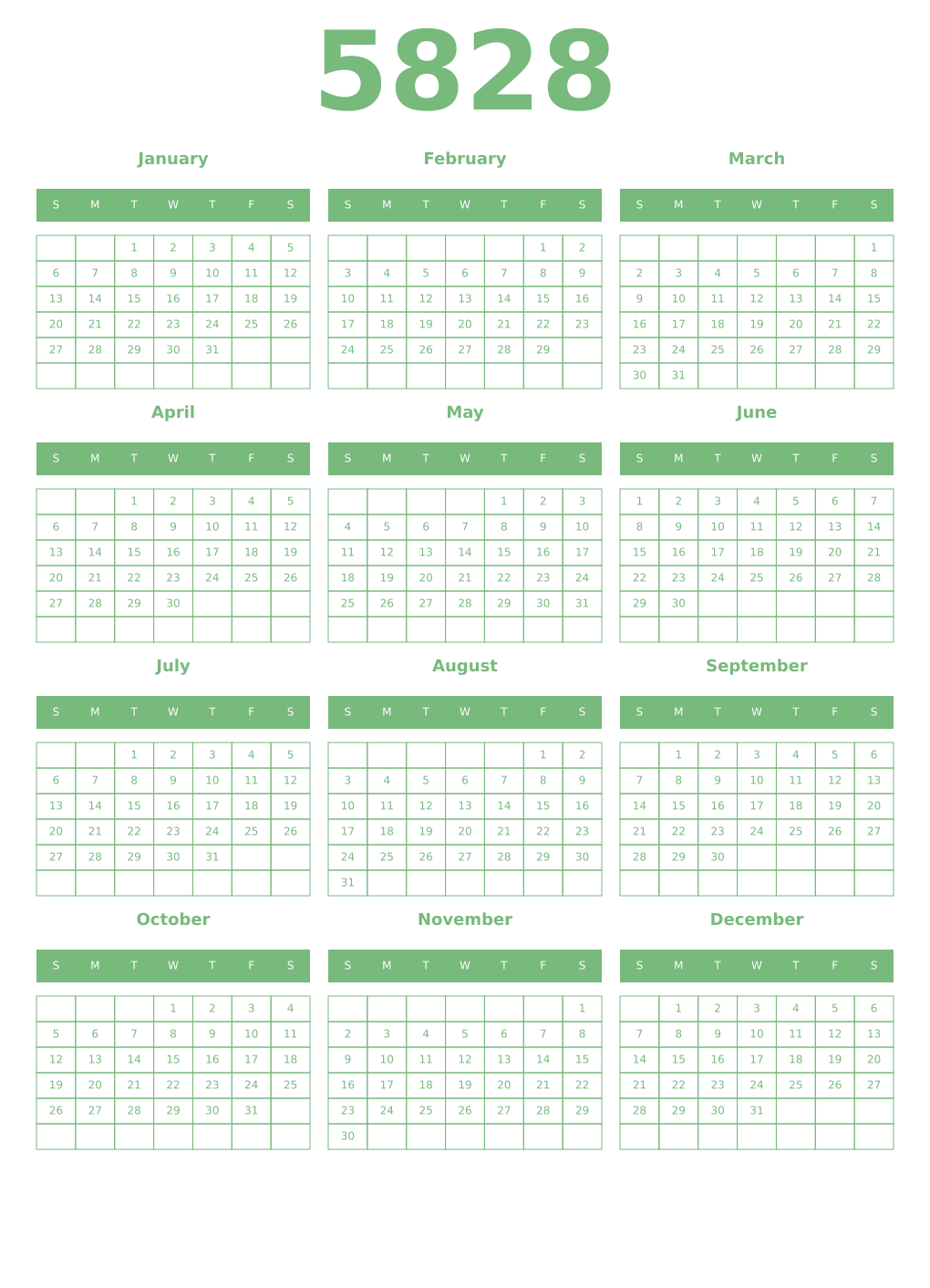 Printable 5828 Year Calendars celadon