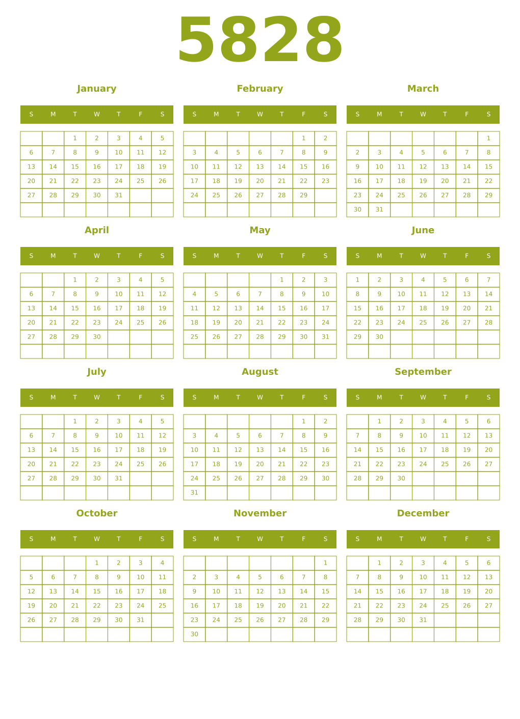 Printable 5828 Year Calendars chartreuse